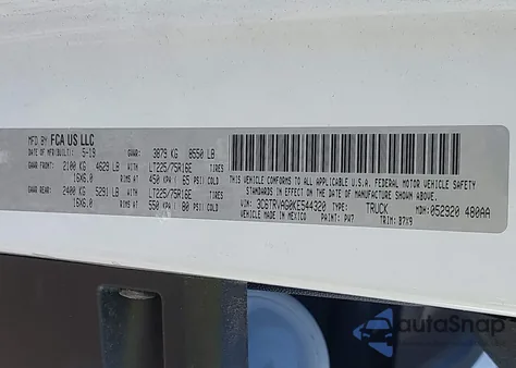 2019 Ram Promaster 1500 Low Roof 136 Wb из США, поврежденный, VIN 3C6TRVAG0KE544320